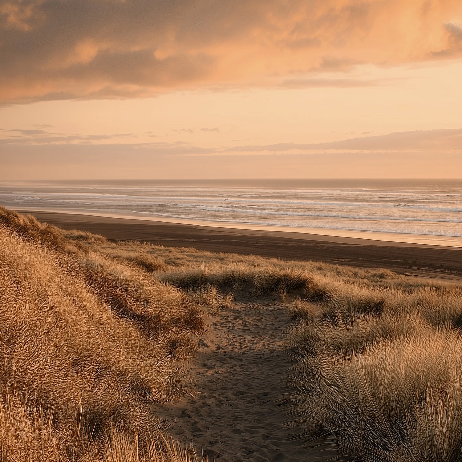 Paysage de dunes au bord de la mer au coucher du soleil – élément visuel de l’univers du parfum Amber K d’Ella K Parfums