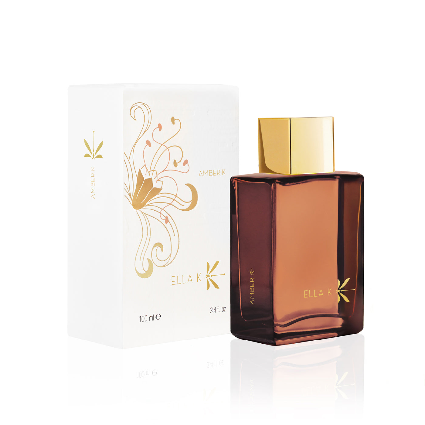 Flacon de parfum Amber K d’Ella K avec capuchon doré, présenté à côté de son étui illustré blanc.