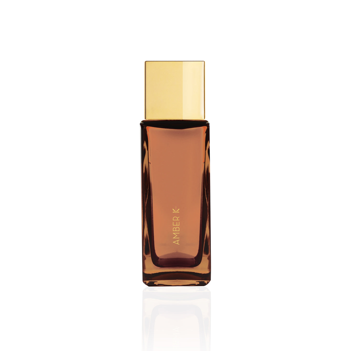 Flacon de parfum Amber K d’Ella K avec capuchon doré, présenté de côté sur fond blanc.