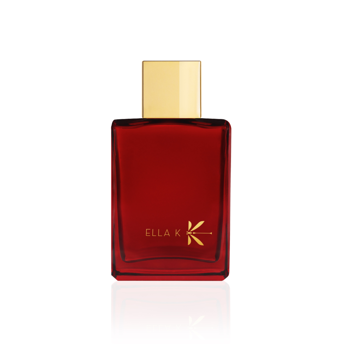 Flacon de parfum Camélia K d’Ella K avec capuchon doré, présenté en vue frontale sur fond blanc.