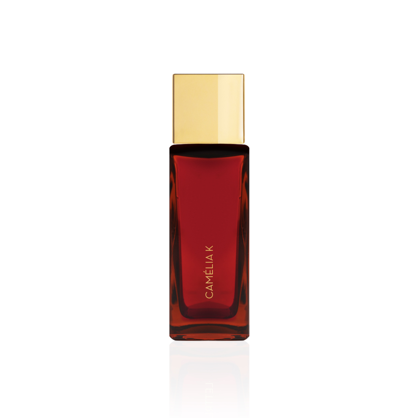 Flacon de parfum Camélia K d’Ella K avec capuchon doré, présenté de côté sur fond blanc.