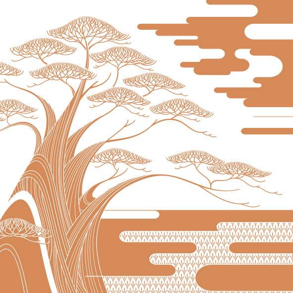 Illustration du parfum Cri du Kalahari d’Ella K – paysage africain stylisé avec des arbres abstraits et des lignes ondulées, inspiré par la magie aride du désert du Kalahari.