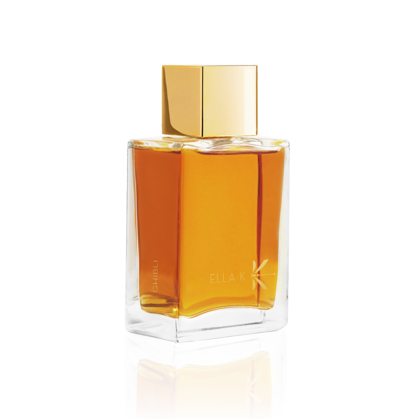 Flacon de parfum Ghibli d’Ella K en verre givré blanc avec capuchon doré, vu de trois quarts sur fond blanc.