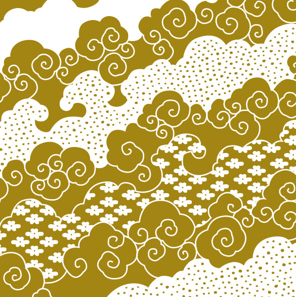 Nuages stylisés et fleurs en jaune ocre et blanc – motif décoratif d’inspiration orientale