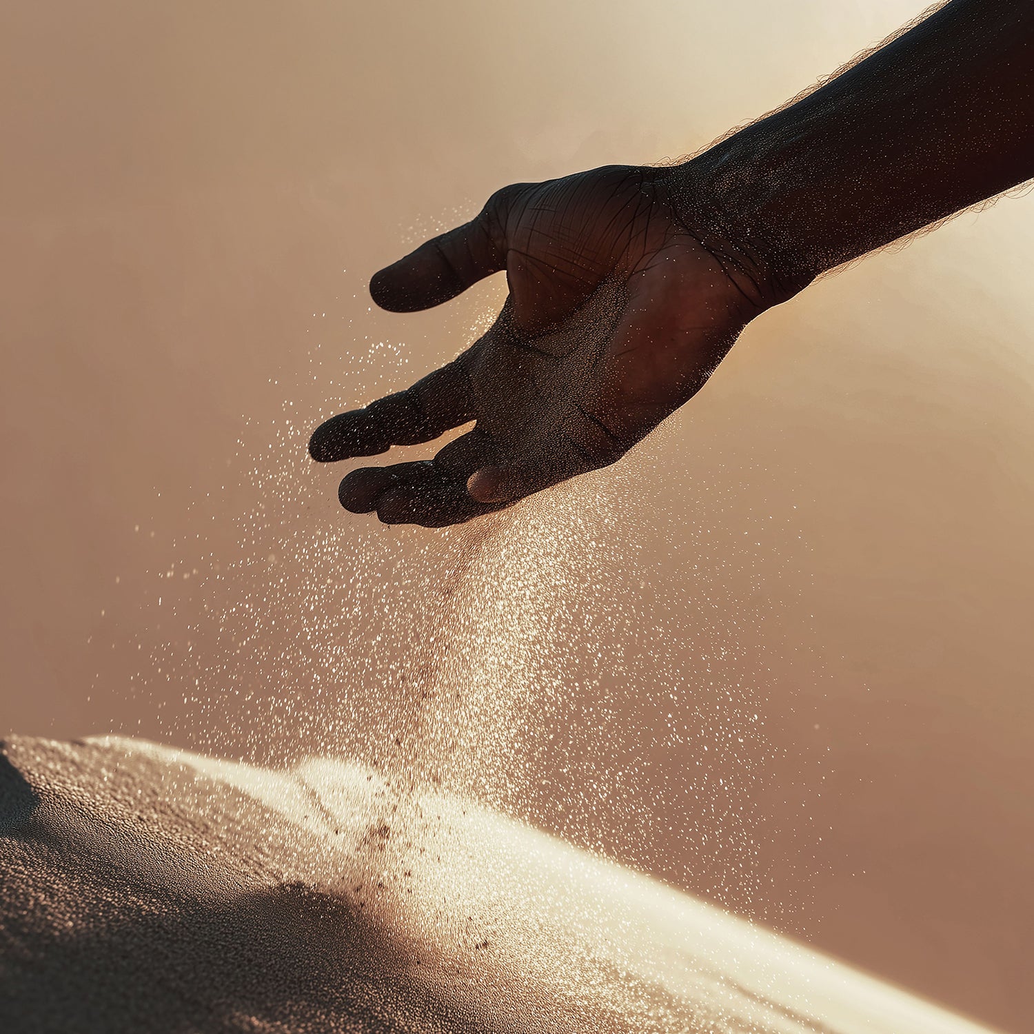 Une main laisse couler du sable fin dans la lumière dorée du soir. Le sable semble suspendu — un instant de légèreté et de poésie.