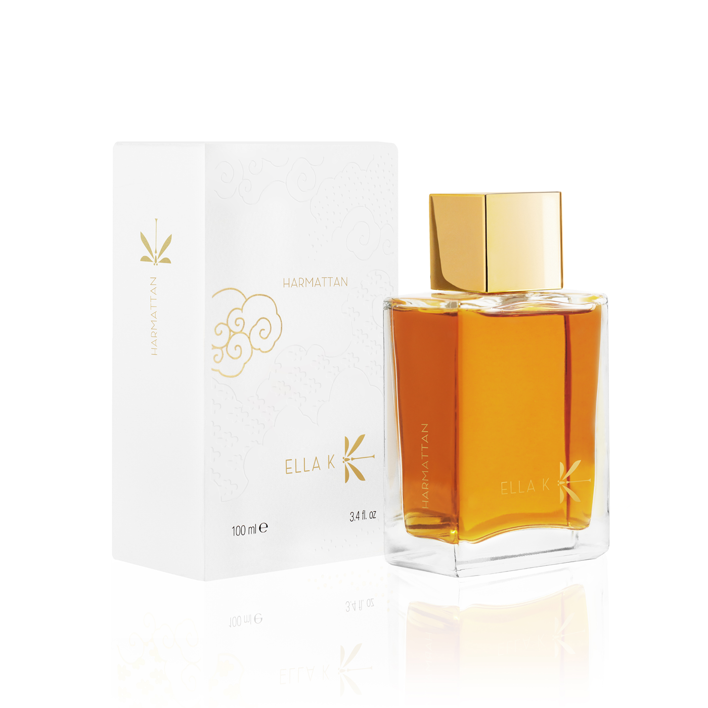 Flacon de parfum Harmattan d’Ella K avec capuchon doré, présenté à côté de son étui illustré blanc.