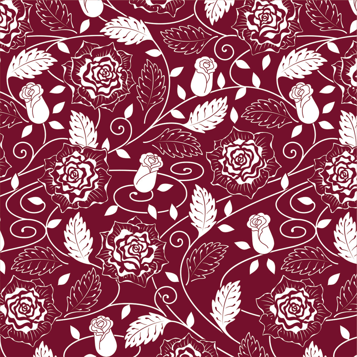 Illustration graphique de Lettre de Pushkar – un motif ornemental de roses sur fond rouge profond, inspiré de l’art textile indien.