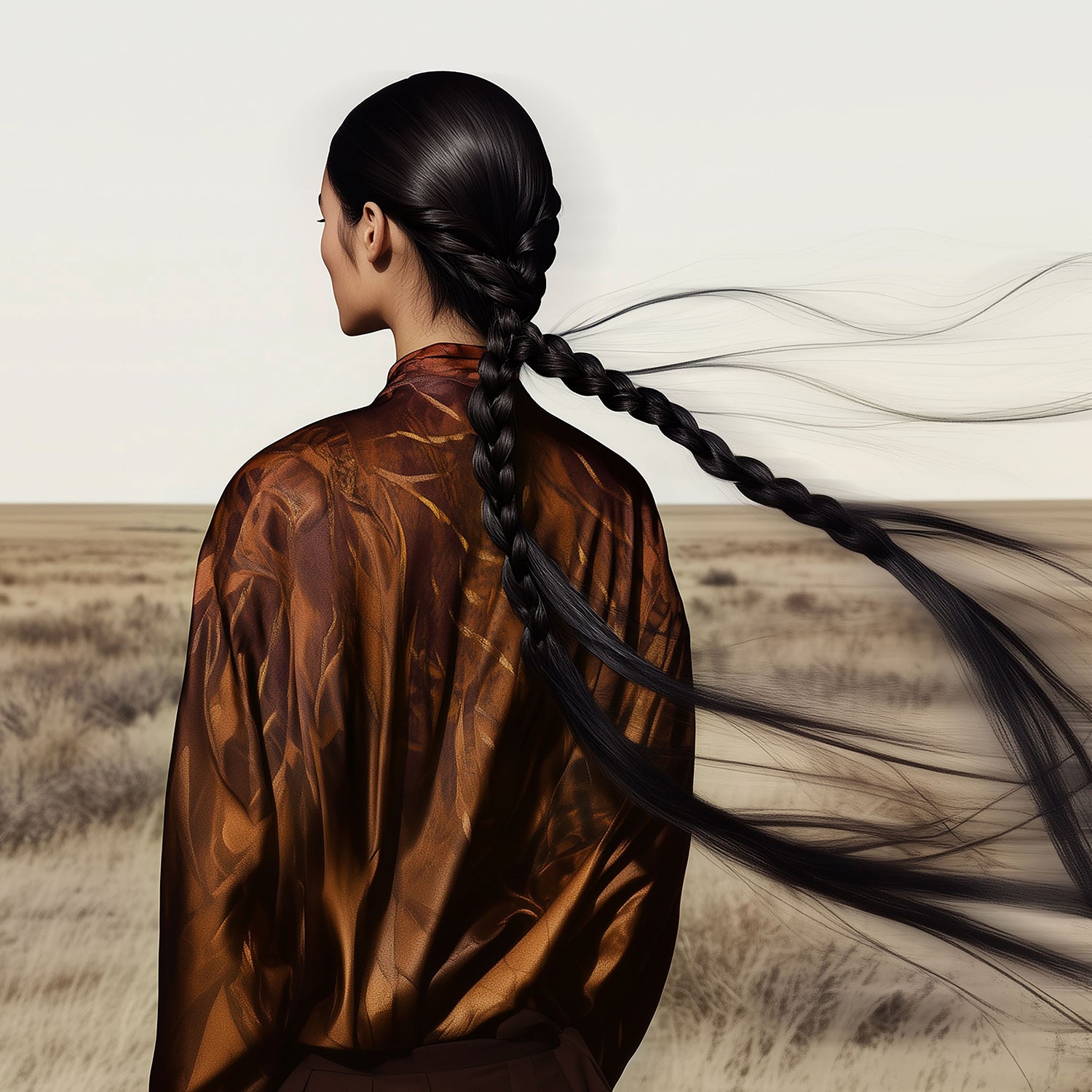 Une femme aux longues tresses se tient de dos dans une vaste steppe. Son manteau soyeux, aux reflets bruns, capte les teintes du paysage. Le vent emporte ses cheveux, symbolisant la liberté et l’immensité.
