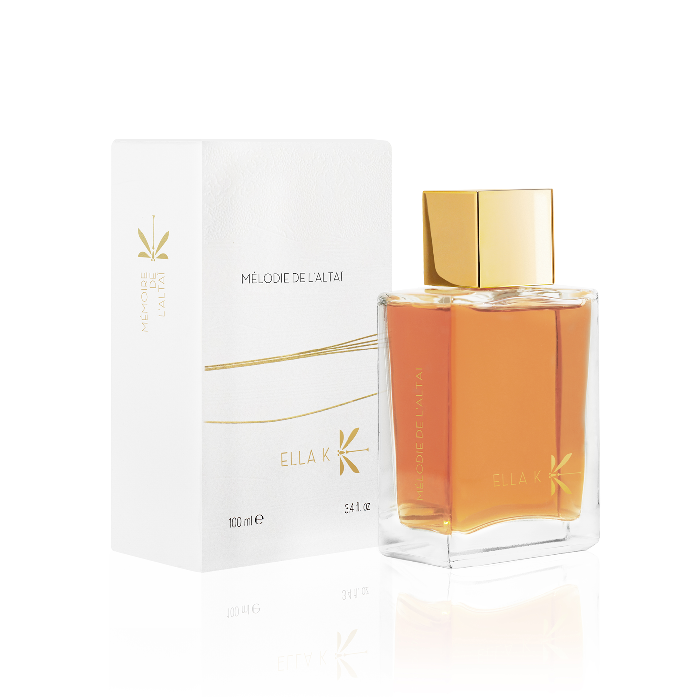 Flacon de parfum Mélodie de l’Altaï d’Ella K avec capuchon doré, présenté à côté de son étui illustré blanc.