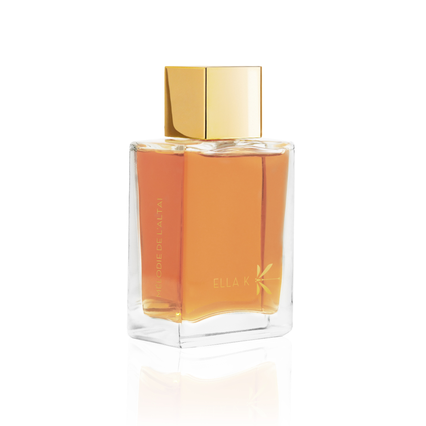 Flacon de parfum Mélodie de l’Altaï d’Ella K avec capuchon doré, vu de trois quarts sur fond blanc.