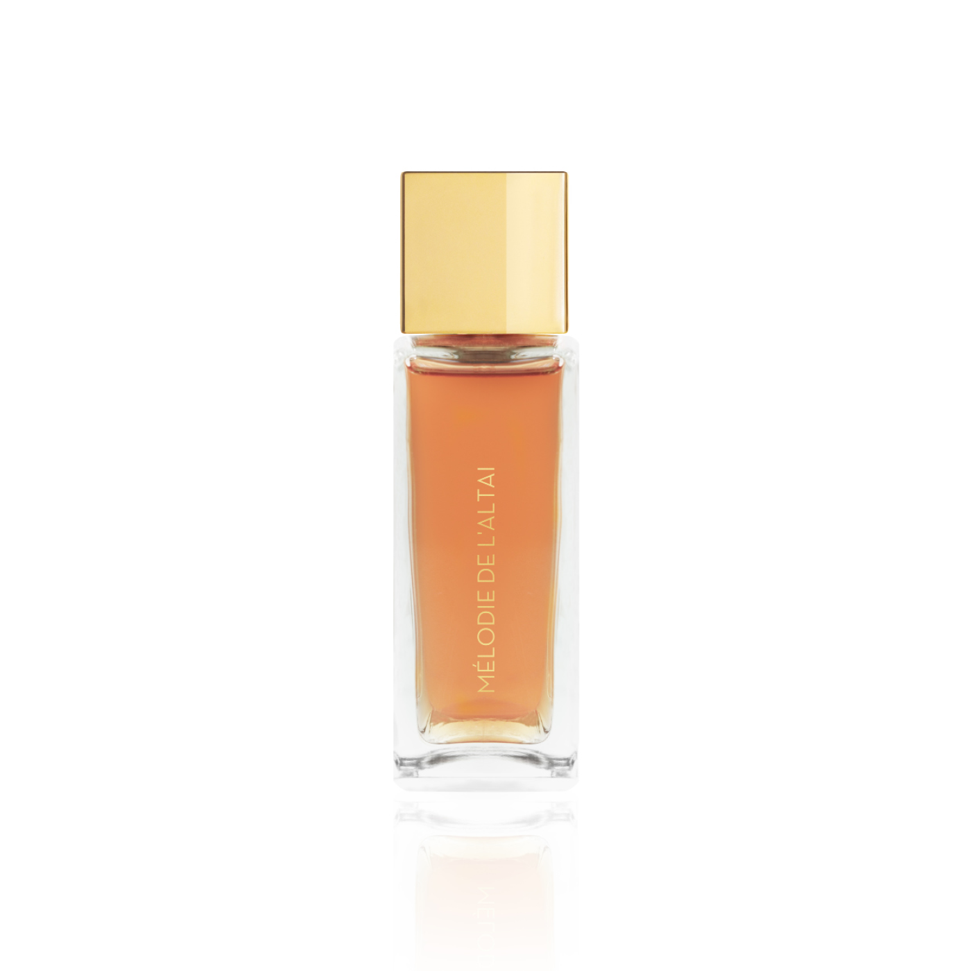 Flacon de parfum Mélodie de l’Altaï d’Ella K avec capuchon doré, présenté de côté sur fond blanc.