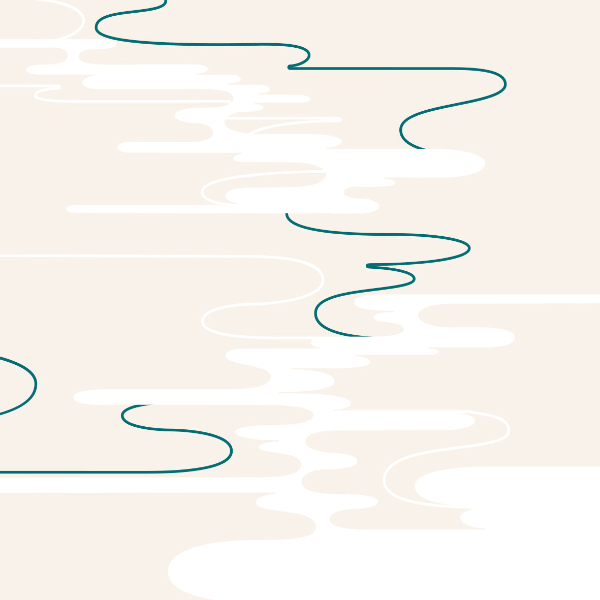 Illustration du parfum Musc K – des lignes vertes ondulantes et des nuages clairs sur un fond doux évoquent la douceur, la légèreté et la force tranquille du musc.