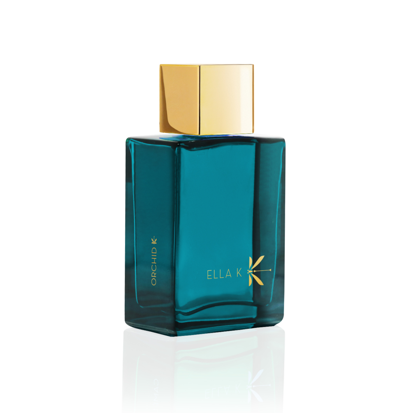 Flacon de parfum Orchid K d’Ella K en verre givré blanc avec capuchon doré, vu de trois quarts sur fond blanc.