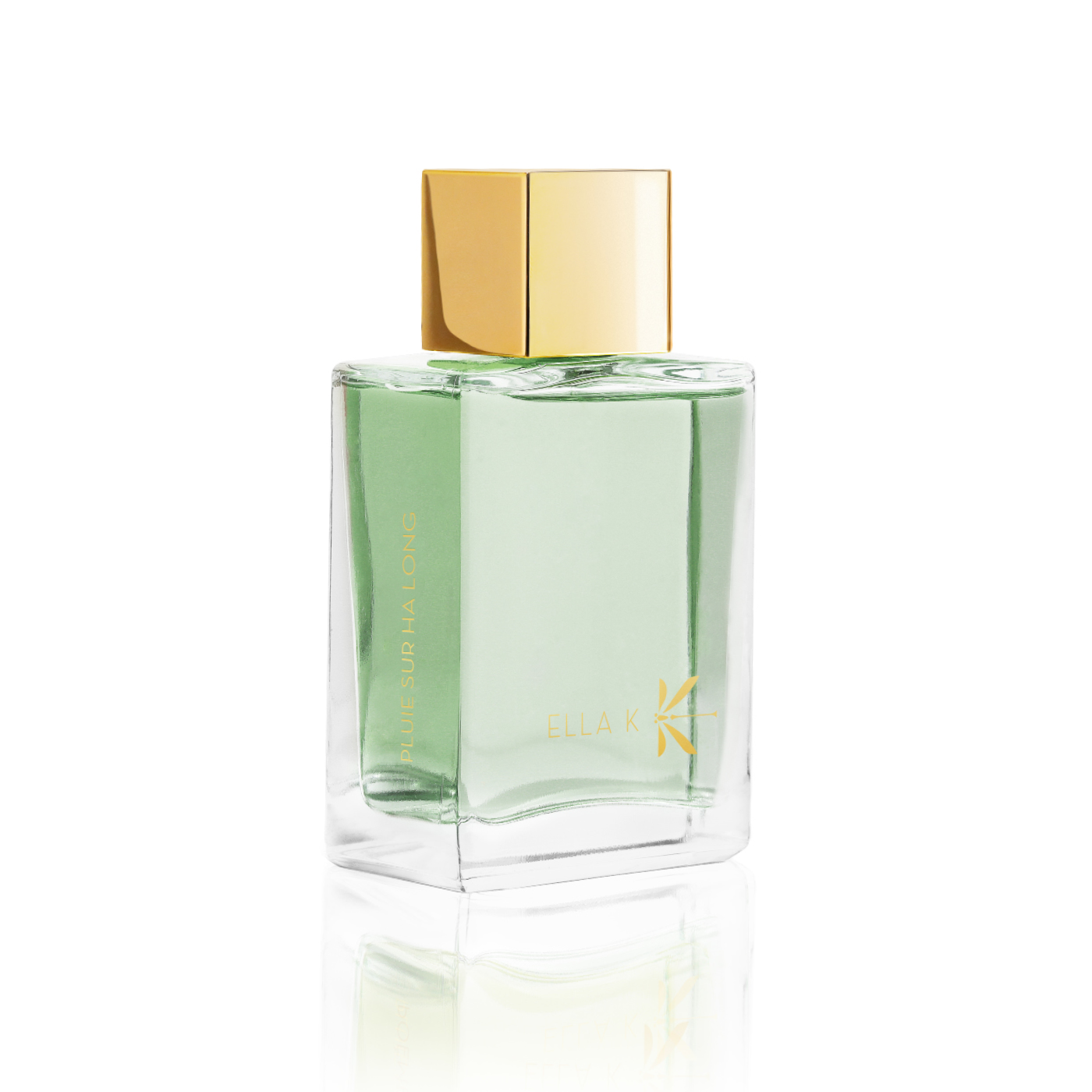 Flacon de parfum Pluie sur Ha Long d’Ella K avec capuchon doré, vu de trois quarts sur fond blanc.