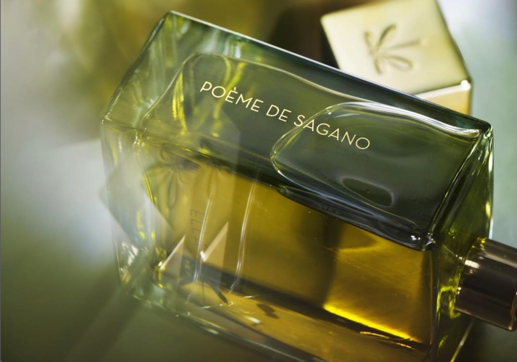 Flacon Poème de Sagano d’Ella K en gros plan – design transparent avec liquide vert olive, inspiré de la forêt de bambous de Sagano au Japon.