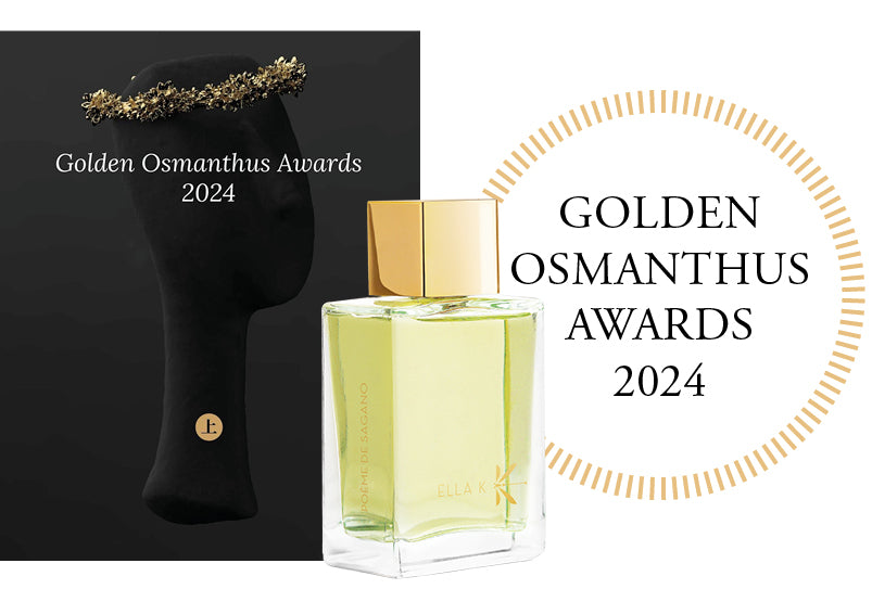 Flacon de Poème de Sagano de Ella K avec bouchon doré devant l’emblème des « Golden Osmanthus Awards 2024 » – fond noir, buste stylisé et couronne de laurier doré.