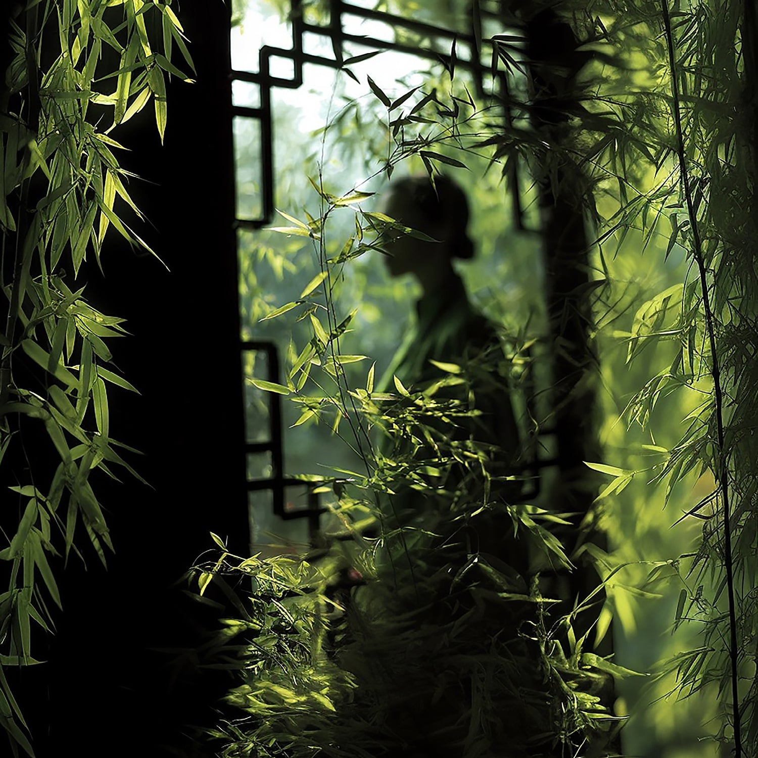 Une silhouette humaine se tient derrière une fenêtre traditionnelle, entourée d’un feuillage dense de bambou. L’ambiance est poétique et mystérieuse.