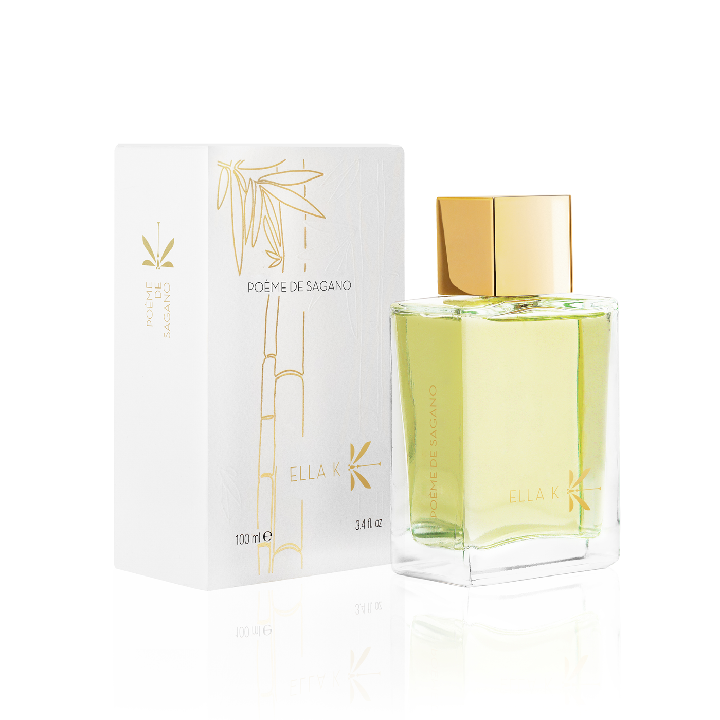 Flacon de parfum Poème de Sagano d’Ella K avec capuchon doré, présenté à côté de son étui illustré blanc.