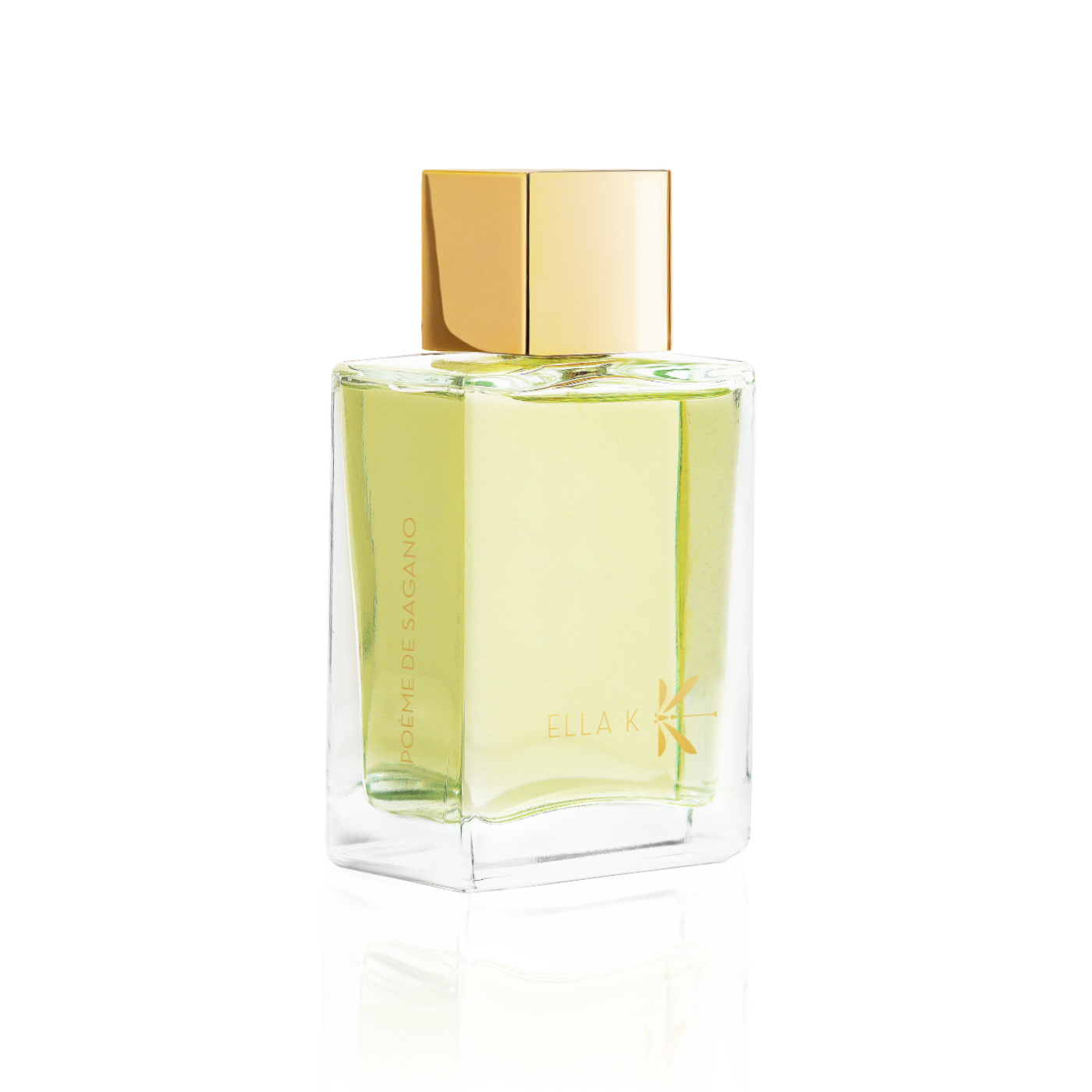 Flacon de parfum Poème de Sagano d’Ella K avec capuchon doré, vu de trois quarts sur fond blanc.