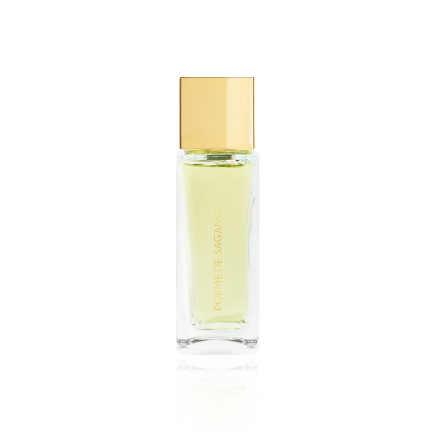 Flacon de parfum Poème de Sagano d’Ella K avec capuchon doré, présenté de côté sur fond blanc.