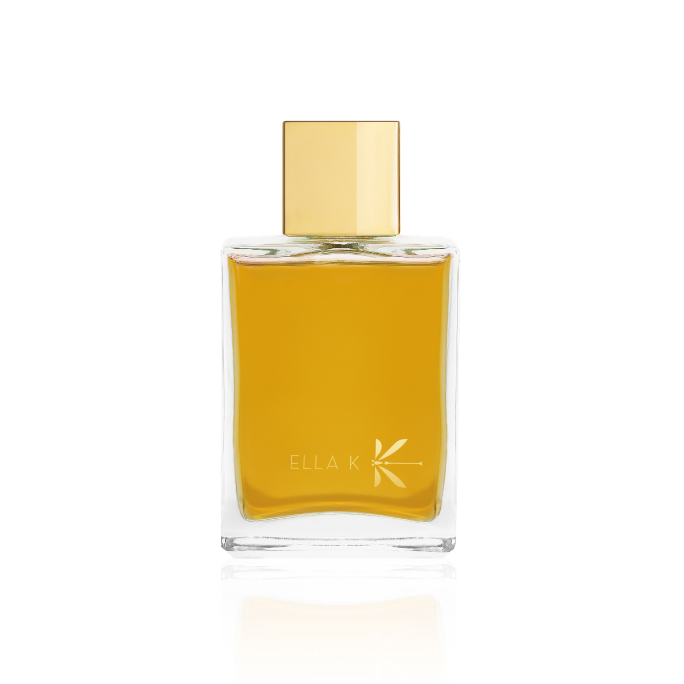 Flacon de parfum Reflet de l’Okavango d’Ella K en verre givré blanc avec capuchon doré, présenté en vue frontale sur fond blanc.