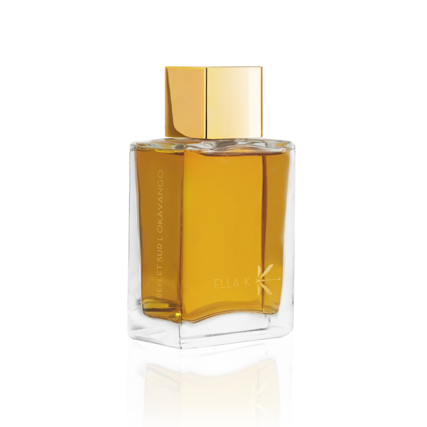 Flacon de parfum Reflet de l’Okavango d’Ella K en verre givré blanc avec capuchon doré, vu de trois quarts sur fond blanc.