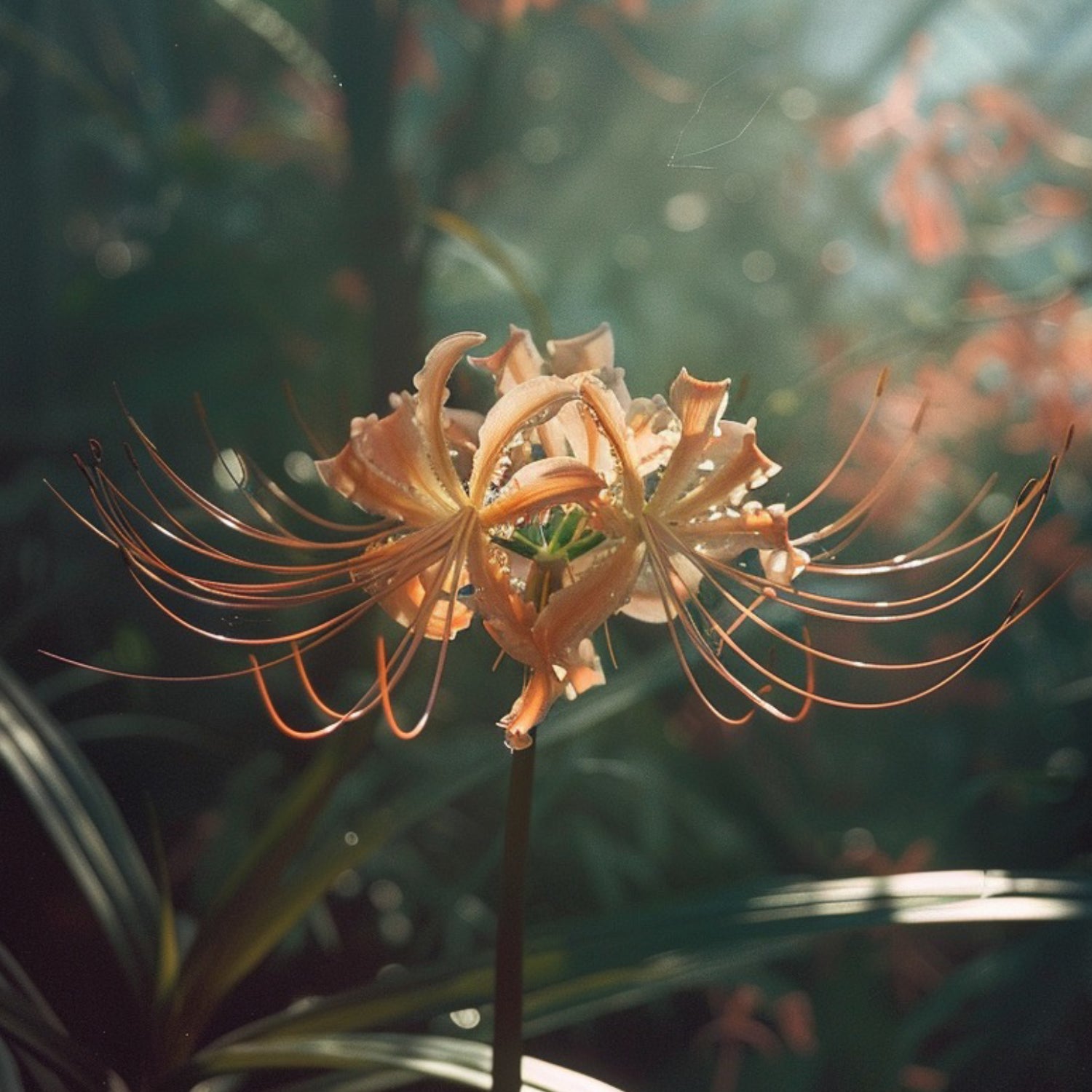 Une délicate fleur de lys araignée orangée en contre-jour – évocation d’une élégance florale et d’ingrédients rares.