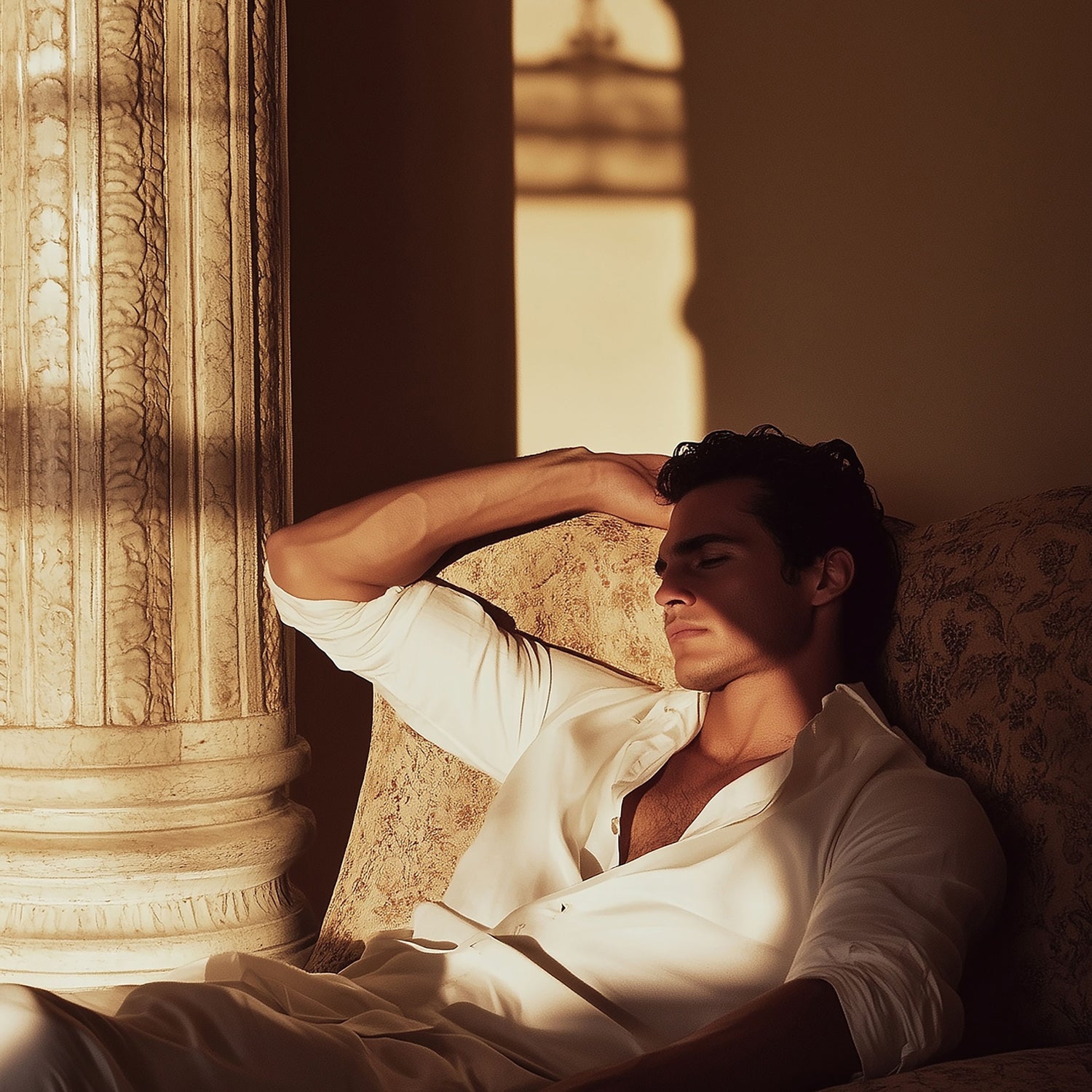 Jeune homme en chemise blanche, détendu sur un canapé baigné de lumière dorée – une scène d’intimité, de profondeur et de calme.