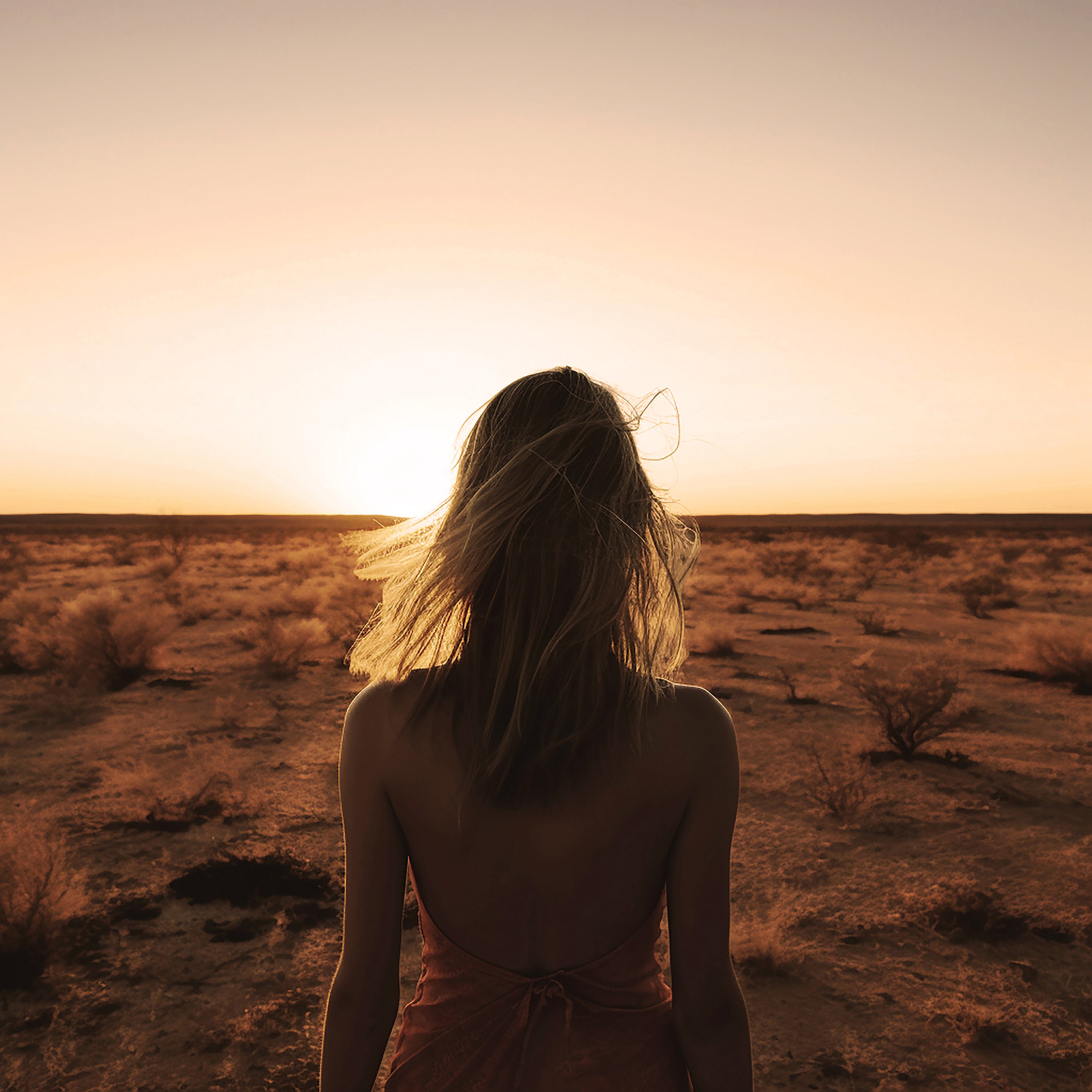 Une femme aux cheveux lâchés contemple le coucher du soleil sur le désert du Kalahari – un instant chargé de désir, de vent et de liberté.