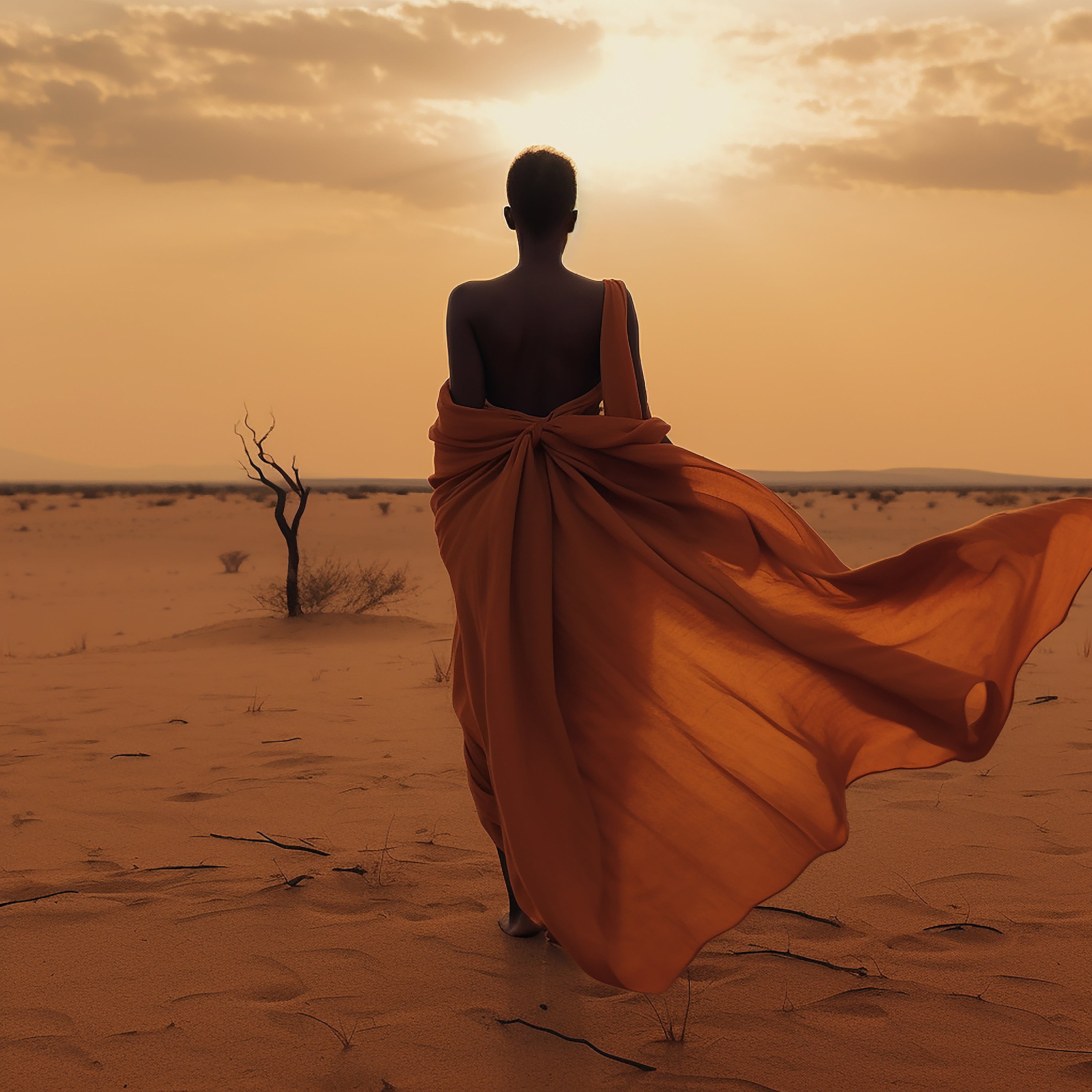 Une femme enveloppée d’un tissu lumineux marche pieds nus dans le sable, le vent anime son drapé – image de fierté, de dignité et de beauté.