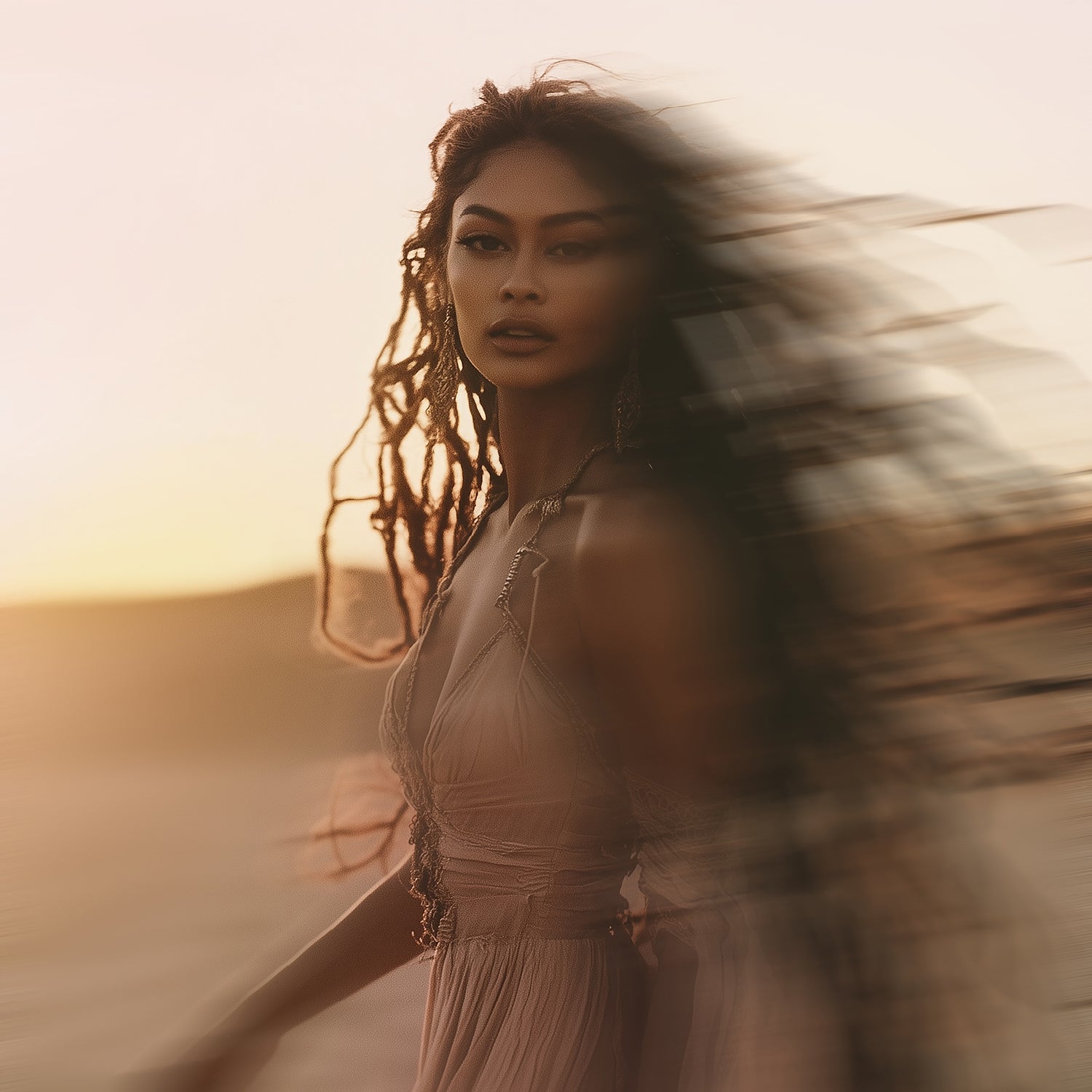 Une femme élégante aux cheveux flottants dans le désert au coucher du soleil – symbole de liberté et de l’énergie poétique du vent du désert.