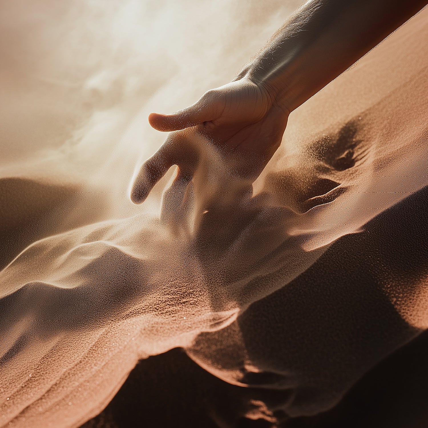 Une main glisse dans le sable fin, baignée de lumière – un geste sensuel en harmonie avec la nature et les éléments.