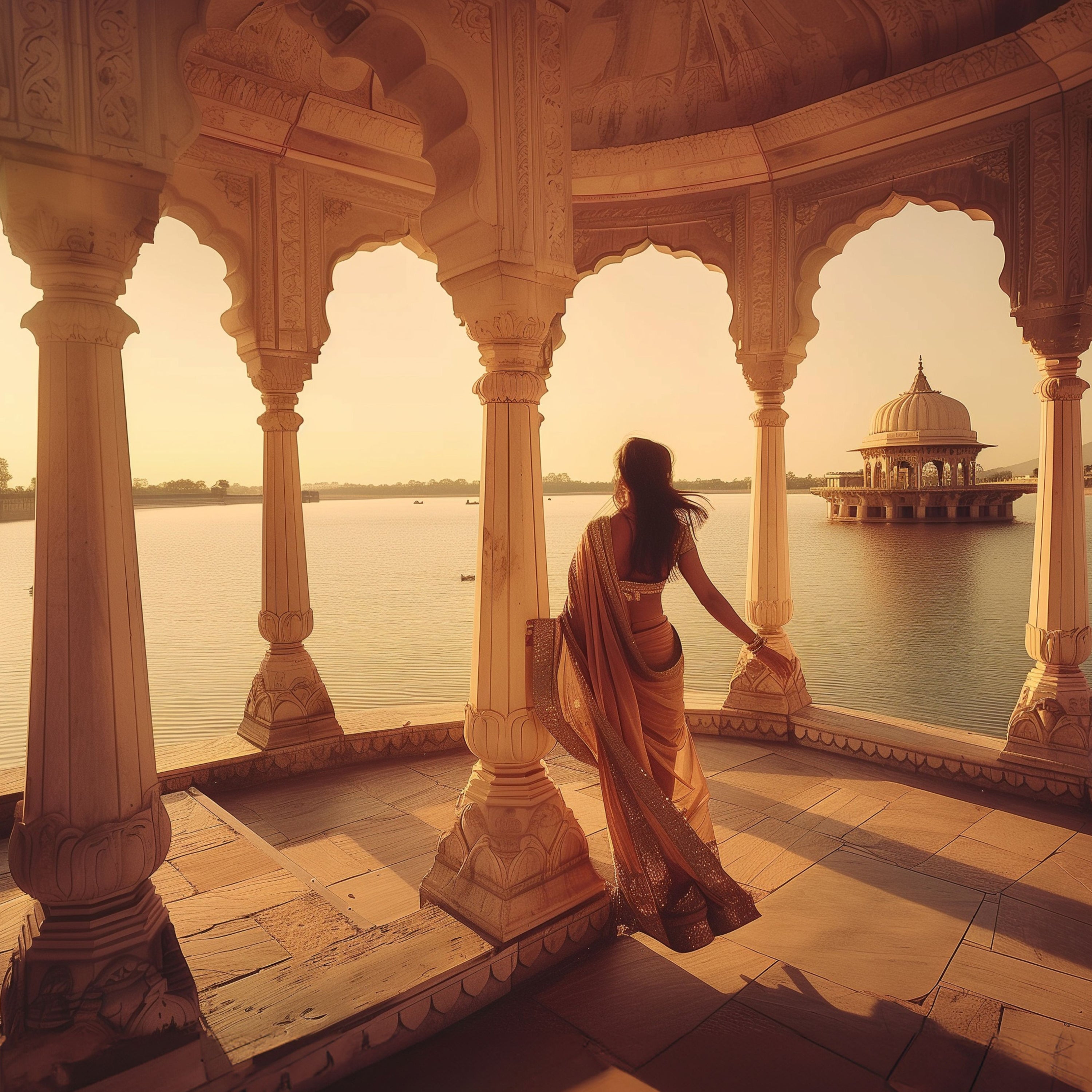 Une femme élégamment vêtue d’un sari doré contemple un lac paisible depuis un pavillon de pierre, face à un temple majestueux au milieu de l’eau, baigné par la lumière dorée du coucher du soleil. Une évocation poétique de l’Inde éternelle.