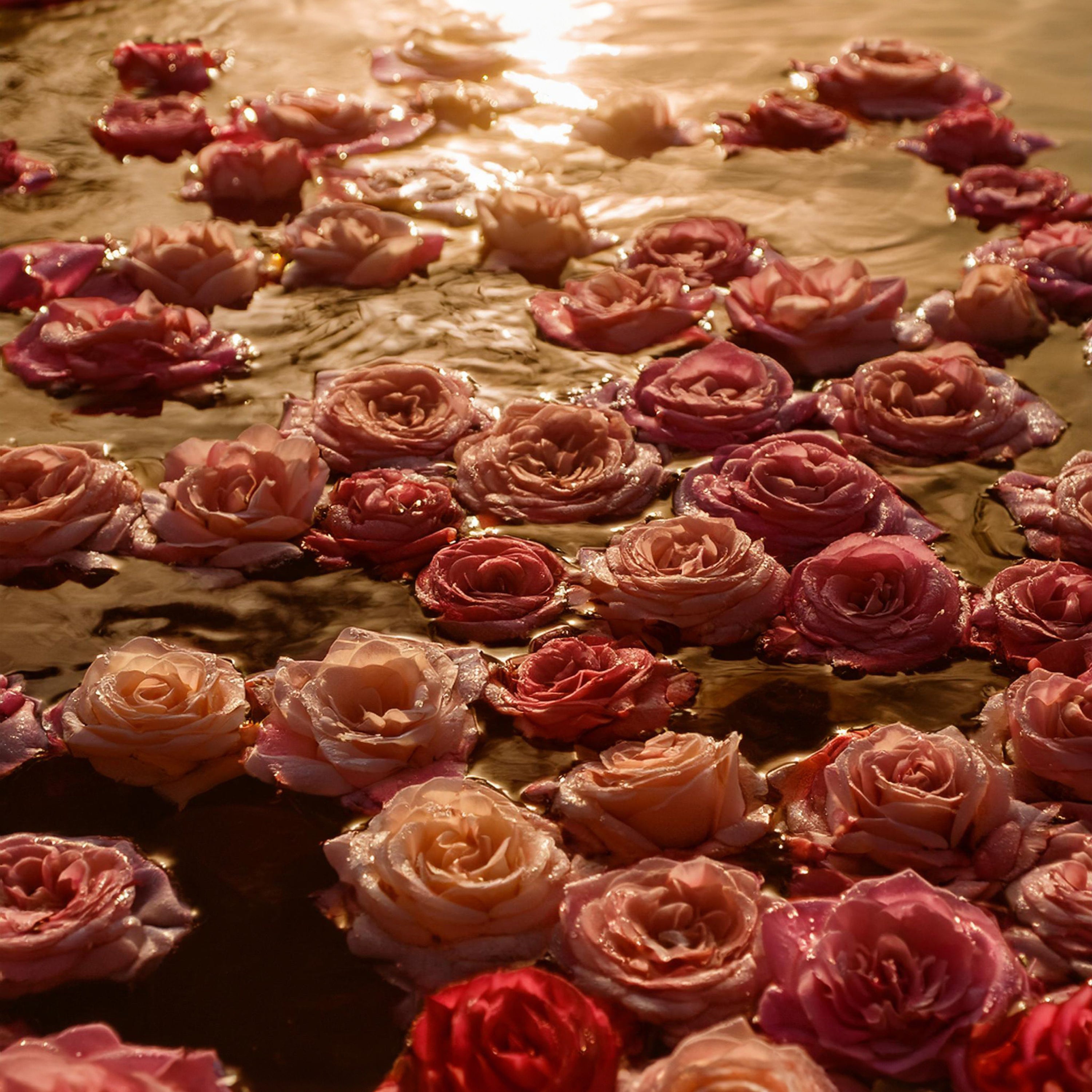 De nombreuses roses aux nuances de rose et de rouge flottent doucement à la surface de l’eau, caressées par les rayons du soleil. Une scène délicate empreinte de poésie et de sensualité.
