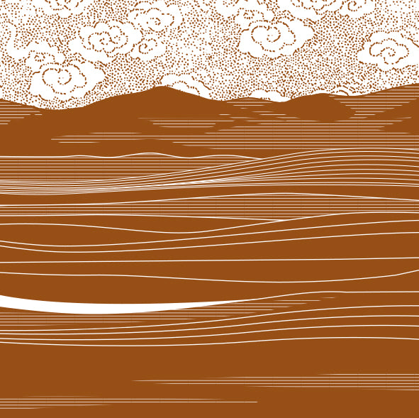 Paysage stylisé représentant les steppes de l’Altaï : collines ondulantes, lignes fluides évoquant le vent et nuages en pointillé – une interprétation graphique poétique.