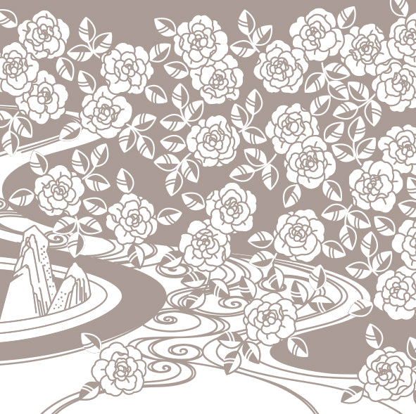 Illustration de « Mémoire de Daisen In » – roses stylisées dans un jardin zen d’inspiration japonaise, en beige et blanc.