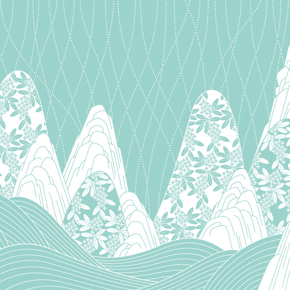 Paysage graphique de montagnes en turquoise et blanc avec motifs floraux – inspiré de la baie d’Ha Long au Vietnam
