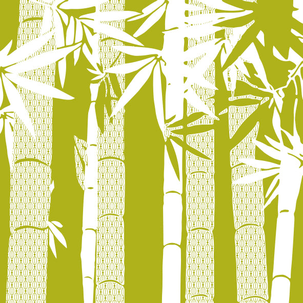 Illustration graphique de bambous et de feuilles en vert clair et blanc – motif naturel poétique d’inspiration japonaise