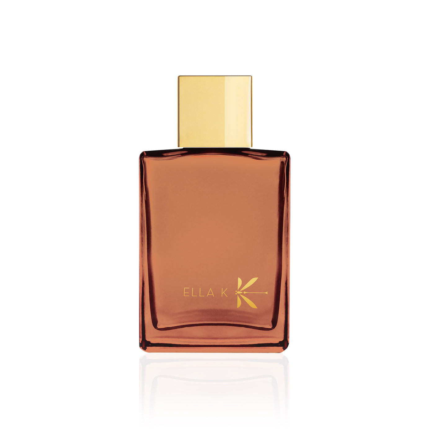 Flacon de parfum Amber K d’Ella K avec capuchon doré, présenté en vue frontale sur fond blanc.