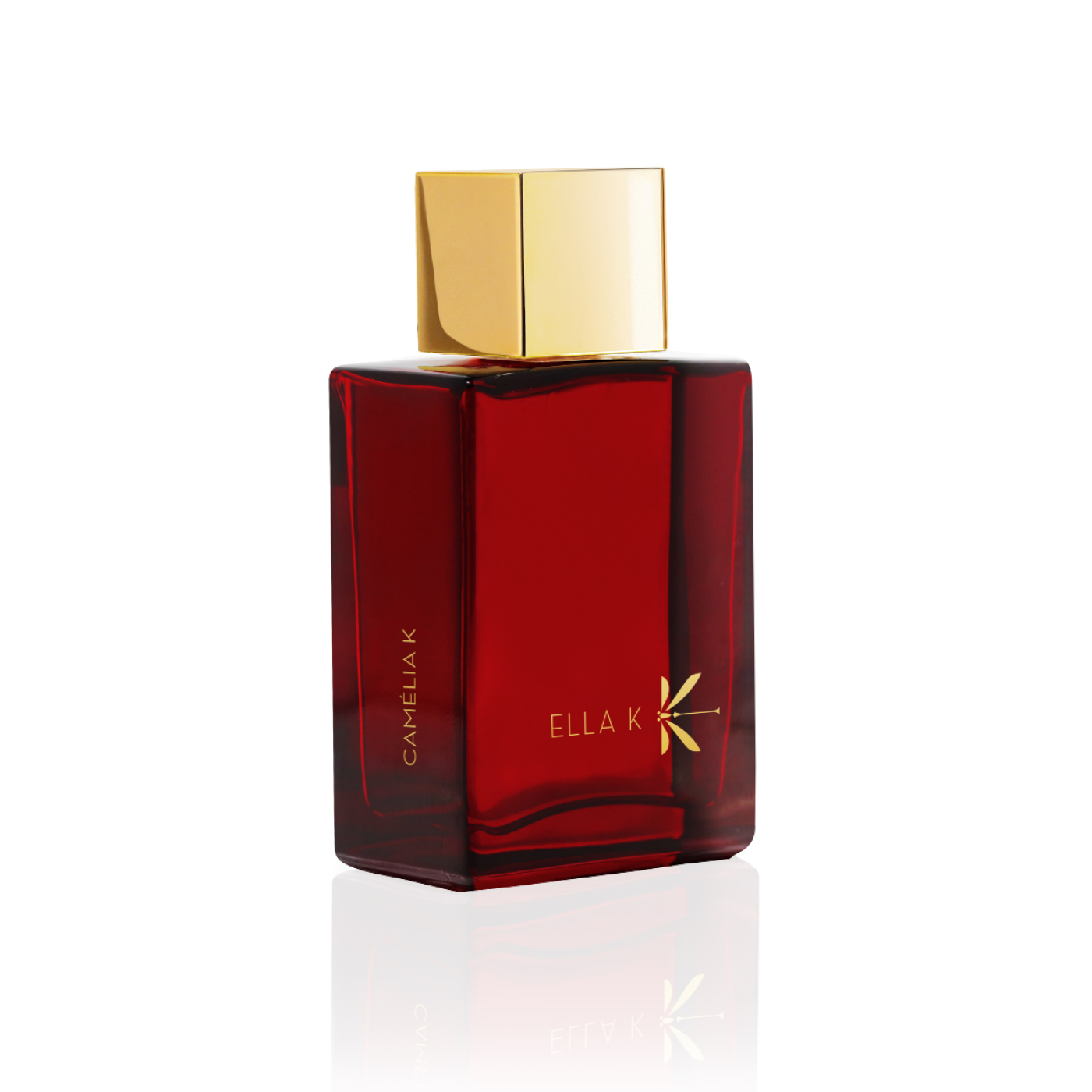 Flacon de parfum Camélia K d’Ella K avec capuchon doré, vu de trois quarts sur fond blanc.
