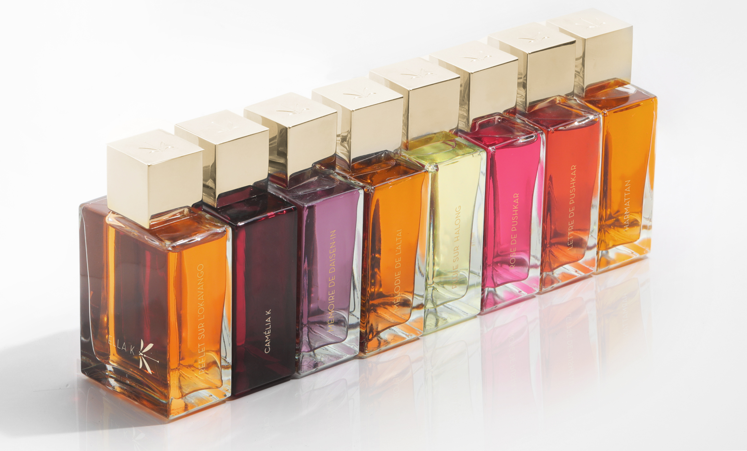 Collection de parfums Ella K – sept flacons élégants avec capuchon doré, alignés dans une lumière éclatante et raffinée.