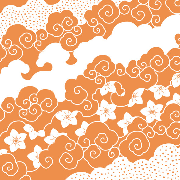 Fleurs et nuages stylisés en orange et blanc – motif graphique d’inspiration japonaise
