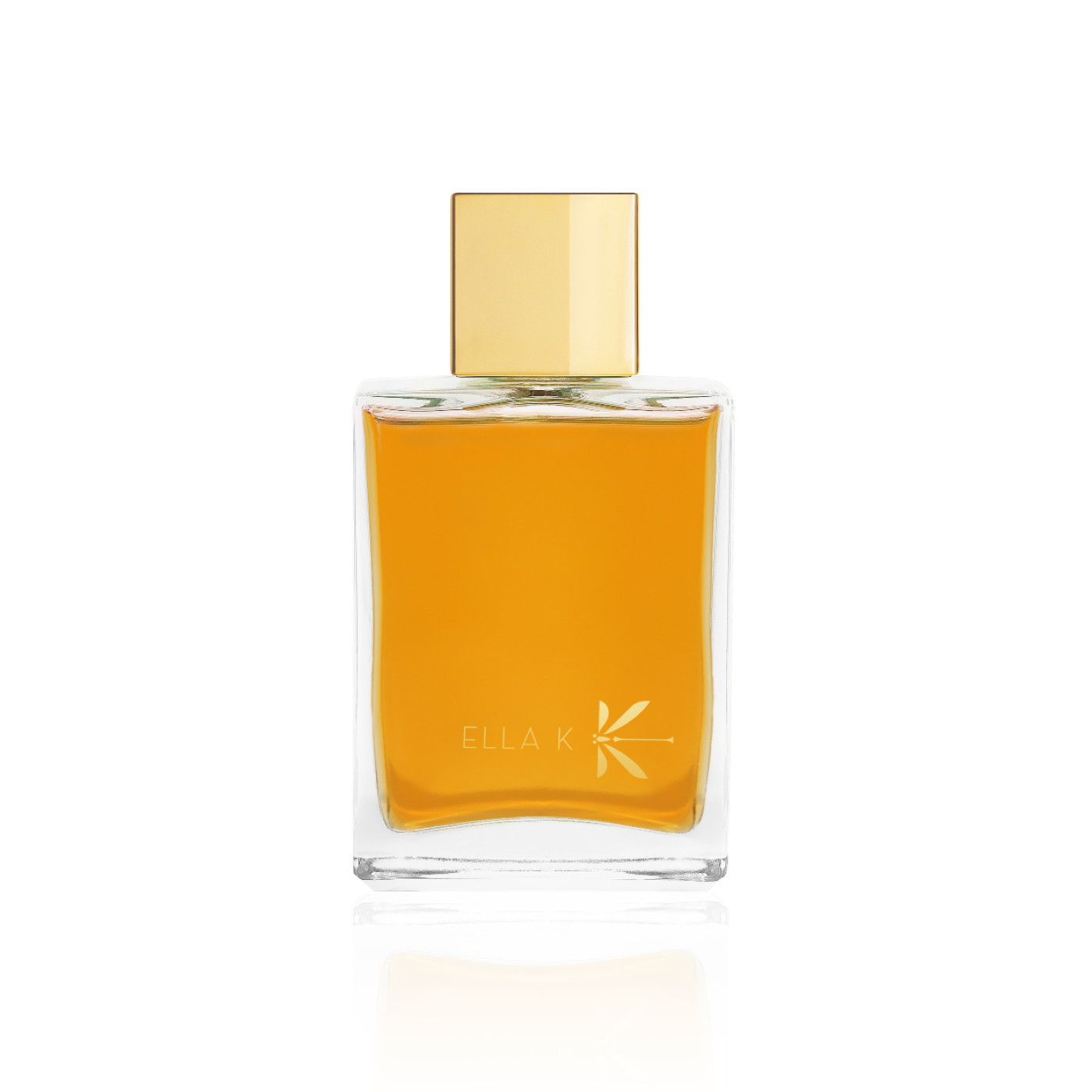 Flacon de parfum Ghibli d’Ella K en verre givré blanc avec capuchon doré, présenté en vue frontale sur fond blanc.