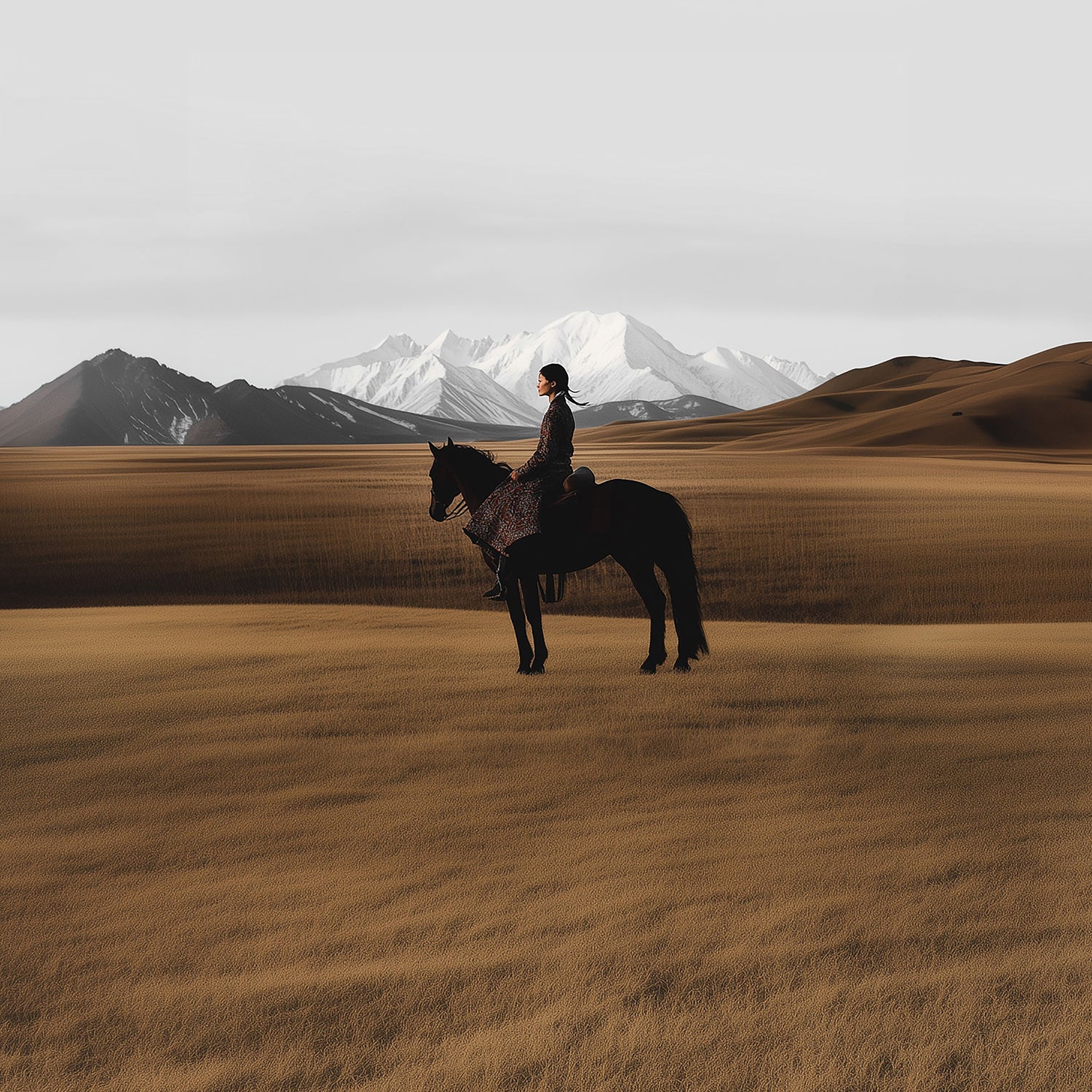 Une cavalière observe l’horizon depuis son cheval noir dans une steppe dorée. À l’arrière-plan, les montagnes enneigées de l’Altaï dominent majestueusement la scène – une vision de sérénité et de communion avec la nature.