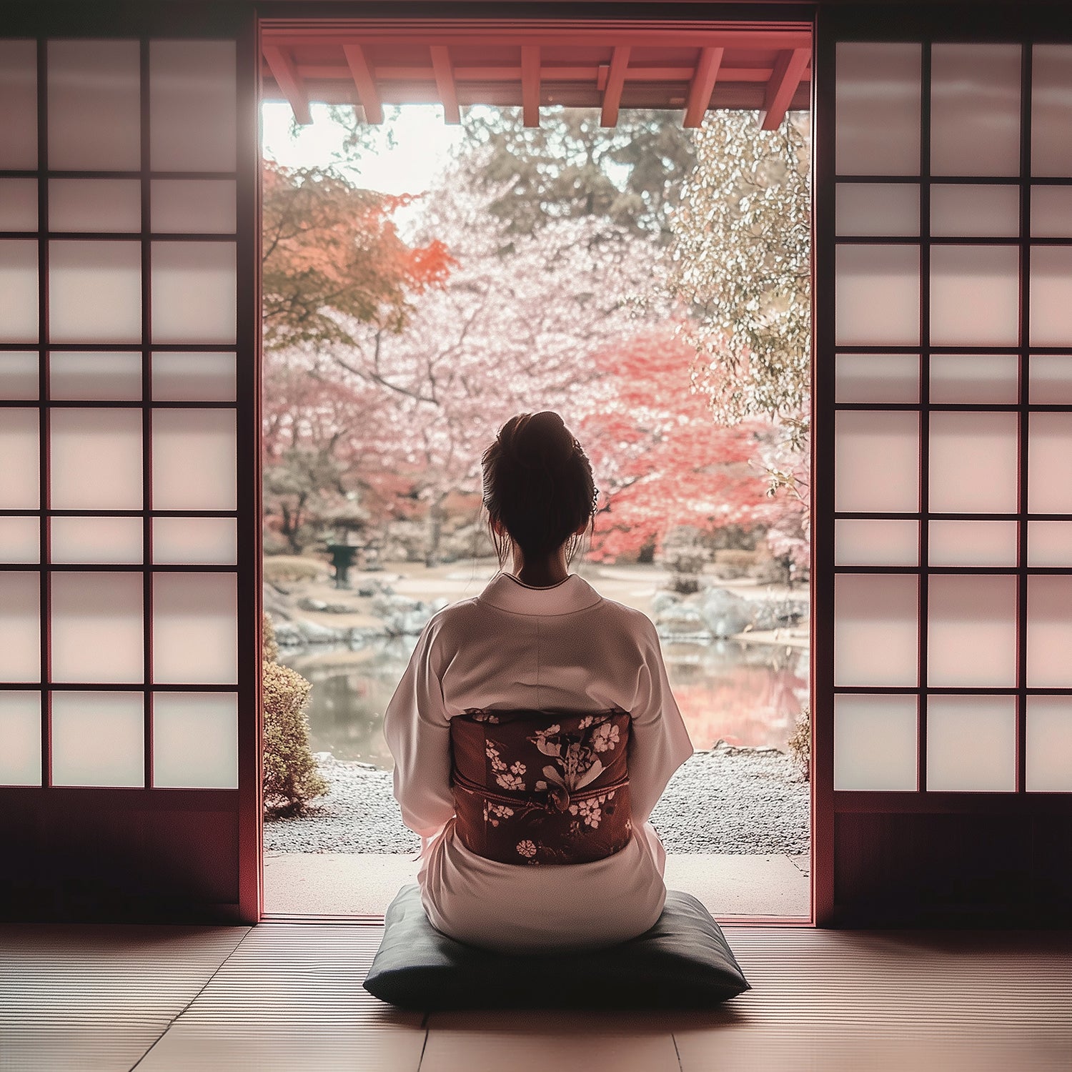 Une femme en kimono traditionnel est assise sur un coussin dans une pièce japonaise aux portes coulissantes en papier Shoji, regardant un jardin zen orné de cerisiers en fleurs. L’ambiance est paisible et méditative.