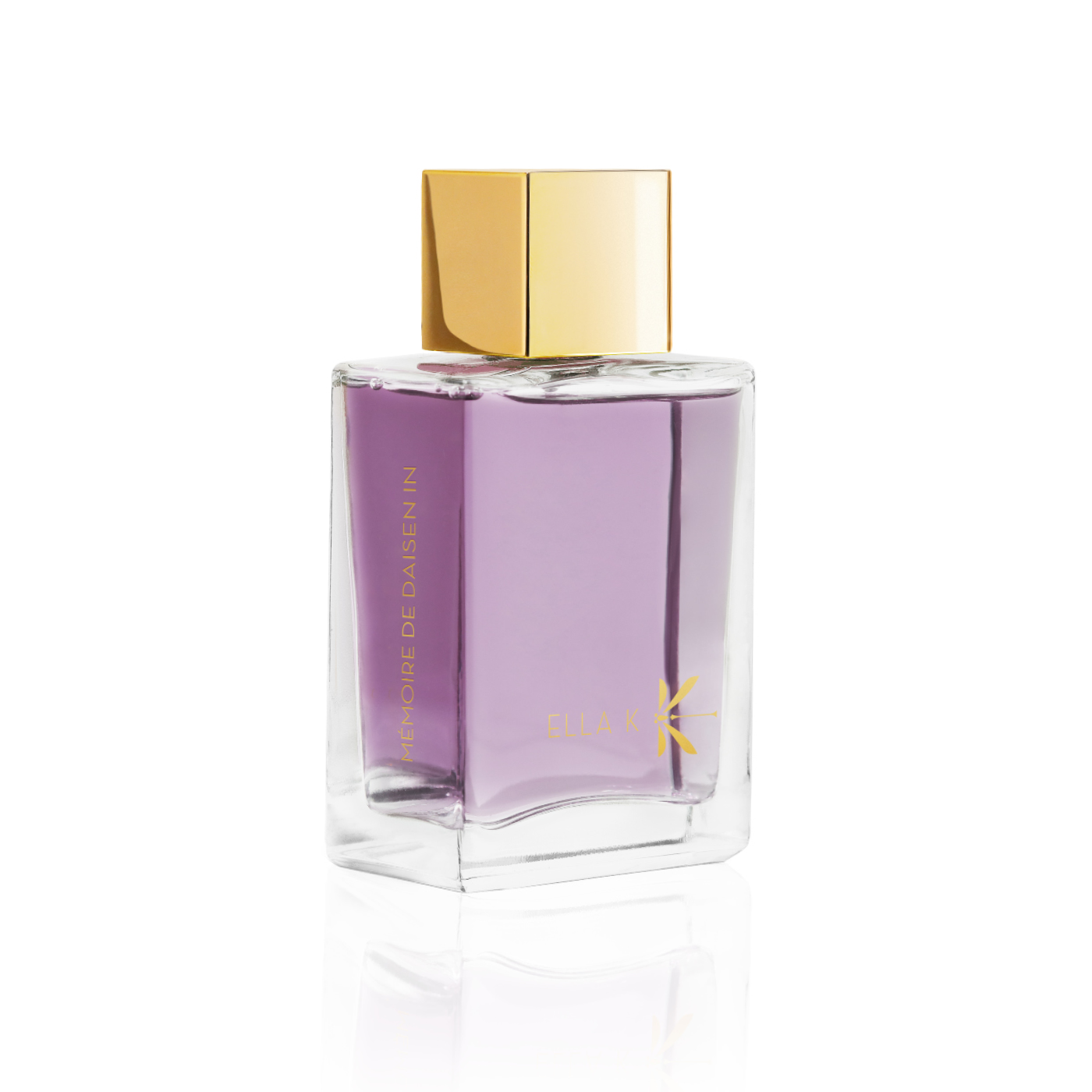 Flacon de parfum Mémoire de Daisen In d’Ella K avec capuchon doré, vu de trois quarts sur fond blanc.