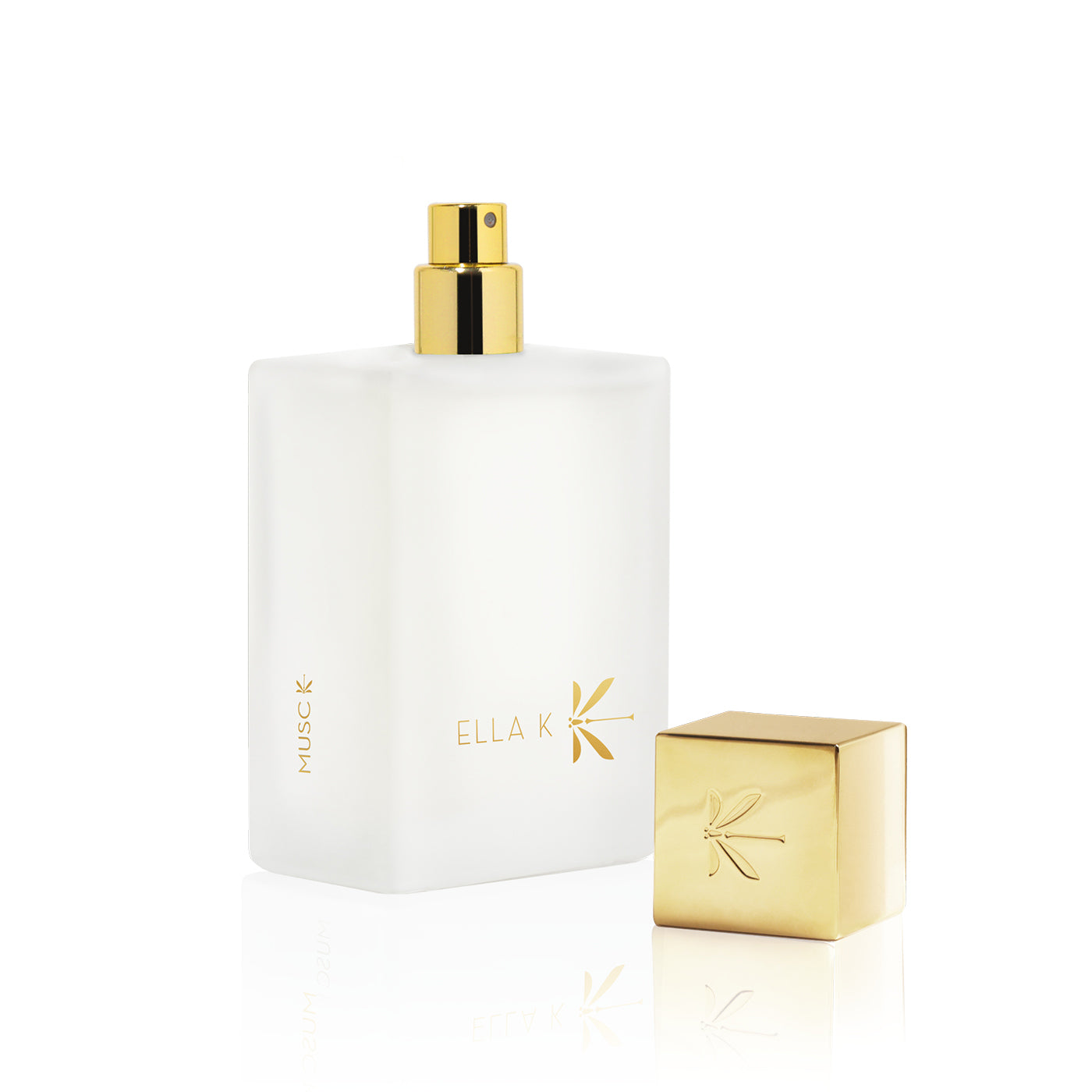 Flacon de parfum Musc K d’Ella K avec capuchon doré retiré et vaporisateur doré visible, présenté sur fond blanc.