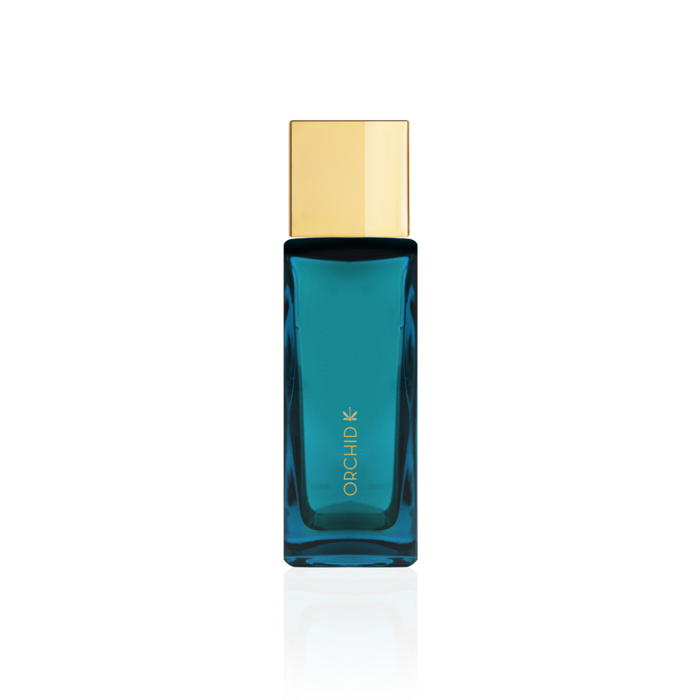 Flacon de 50 ml du parfum Orchid K d’Ella K en verre givré blanc avec capuchon doré, présenté de côté sur fond blanc.