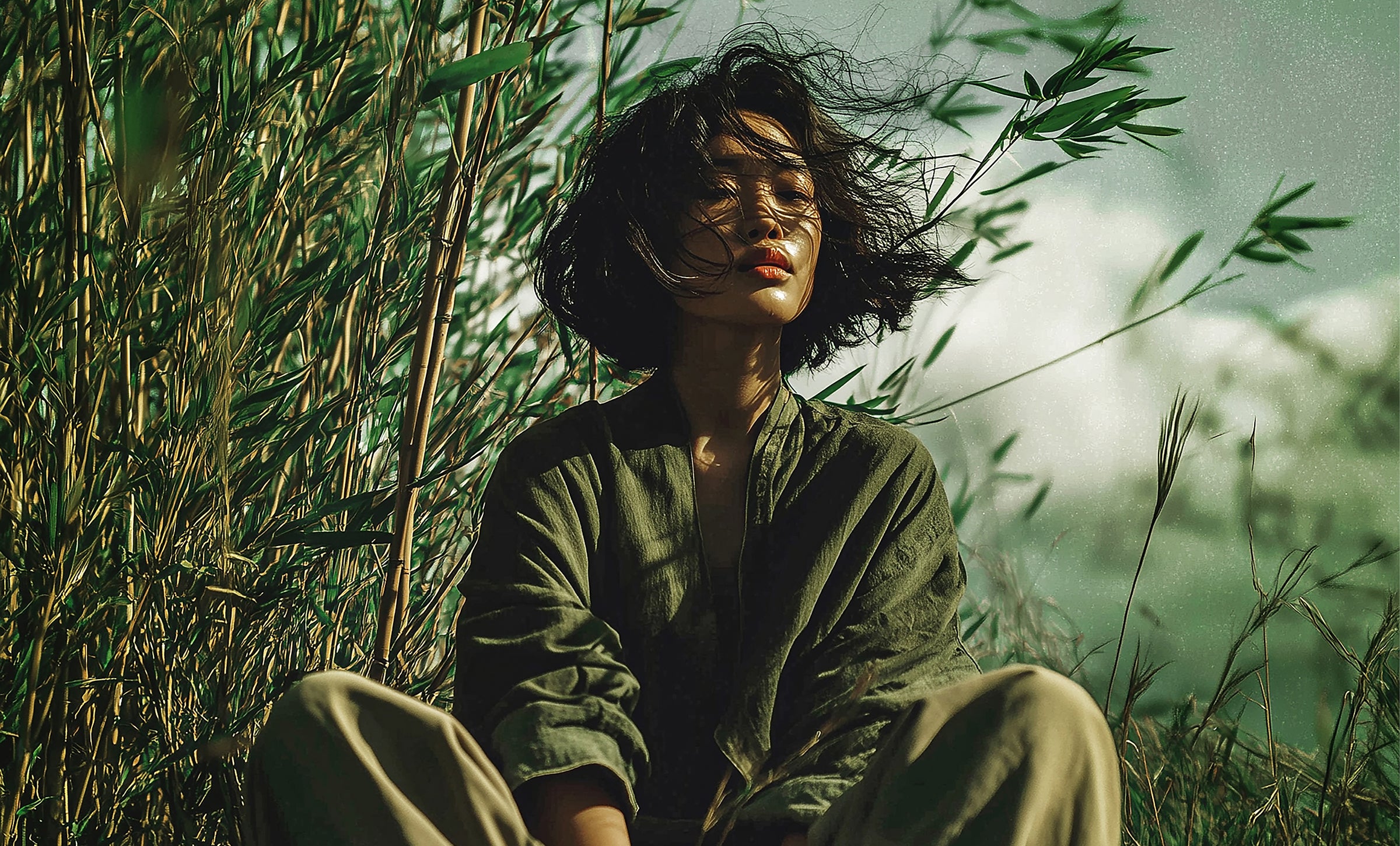 Une femme en kimono marche dans la forêt de Sagano – image poétique de l’inspiration féminine du parfum « Poème de Sagano » d’Ella K.
