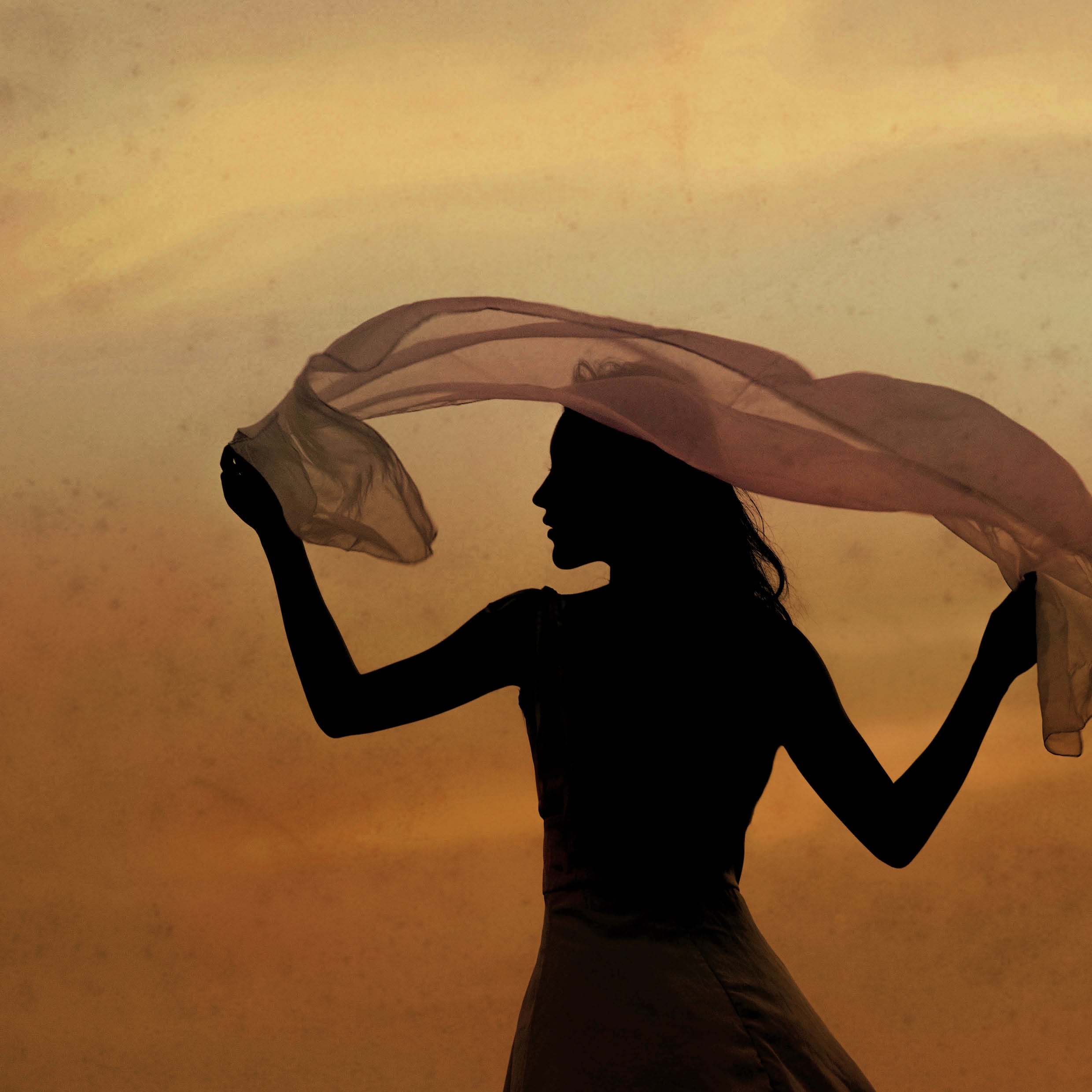 Silhouette vue de dos d’une personne enveloppée d’un tissu flottant dans la savane, baignée de lumière dorée – sentiment de liberté et d’harmonie avec la nature, comme dans Reflet sur l’Okavango.